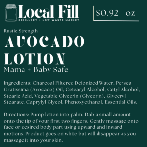 Avocado lotion for mama and baby, ingredients listed.