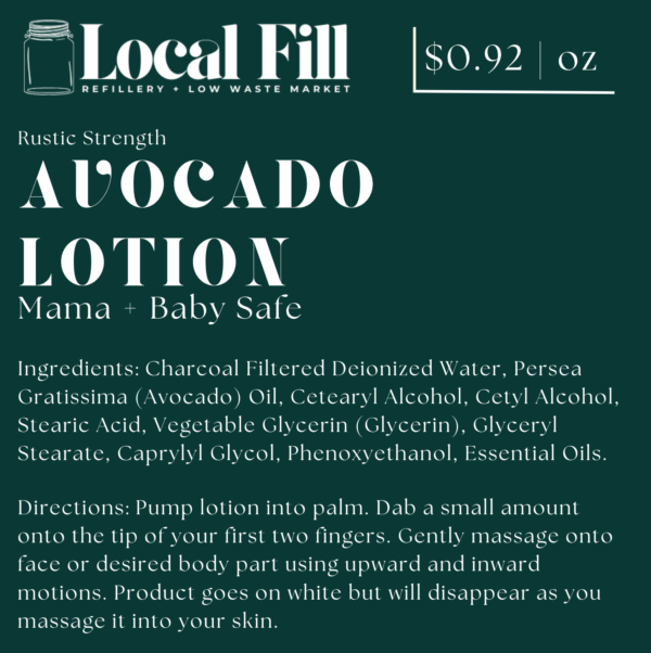 Avocado lotion for mama and baby, ingredients listed.