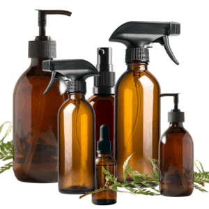 empty amber glass bottles – refillable containers for oils, cleaners & more