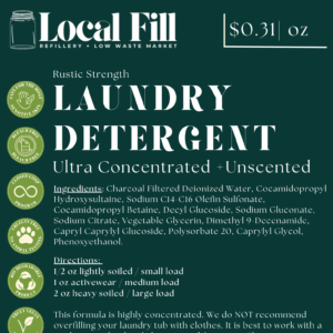 Rustic strength, unscented laundry detergent, ingredients listed.