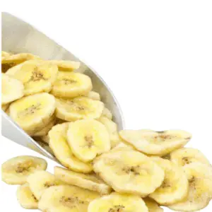 Scoop spilling organic sweetened dried banana chips on white background.