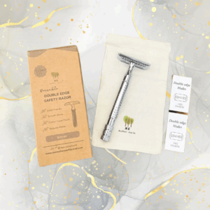 reusable double edge safety razor kit – includes 10 blades & organic cotton travel pouch